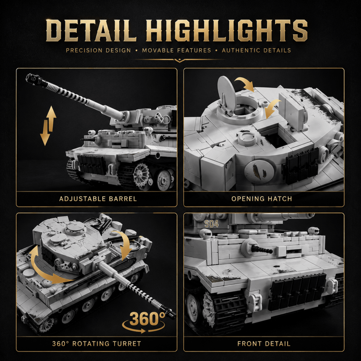 Tiger 1 Tank Building Set (Tan) | 1361 Pieces | WWII Military Brick Model