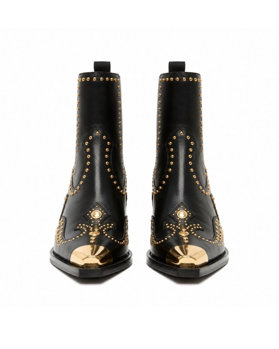 Black Leather Western Ankle Boots - Metal Pointed Toe | Cowboy Booties with Block Heel & Stitching Detail