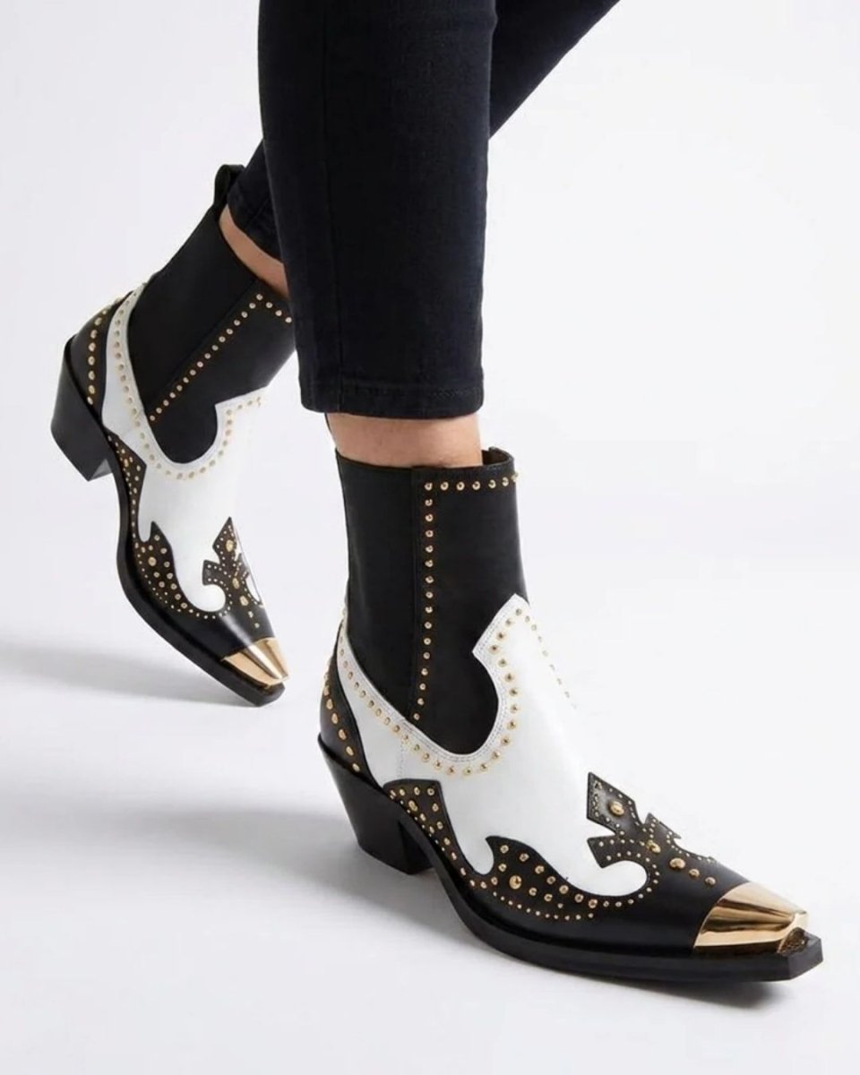 Black Leather Western Ankle Boots - Metal Pointed Toe | Cowboy Booties with Block Heel & Stitching Detail