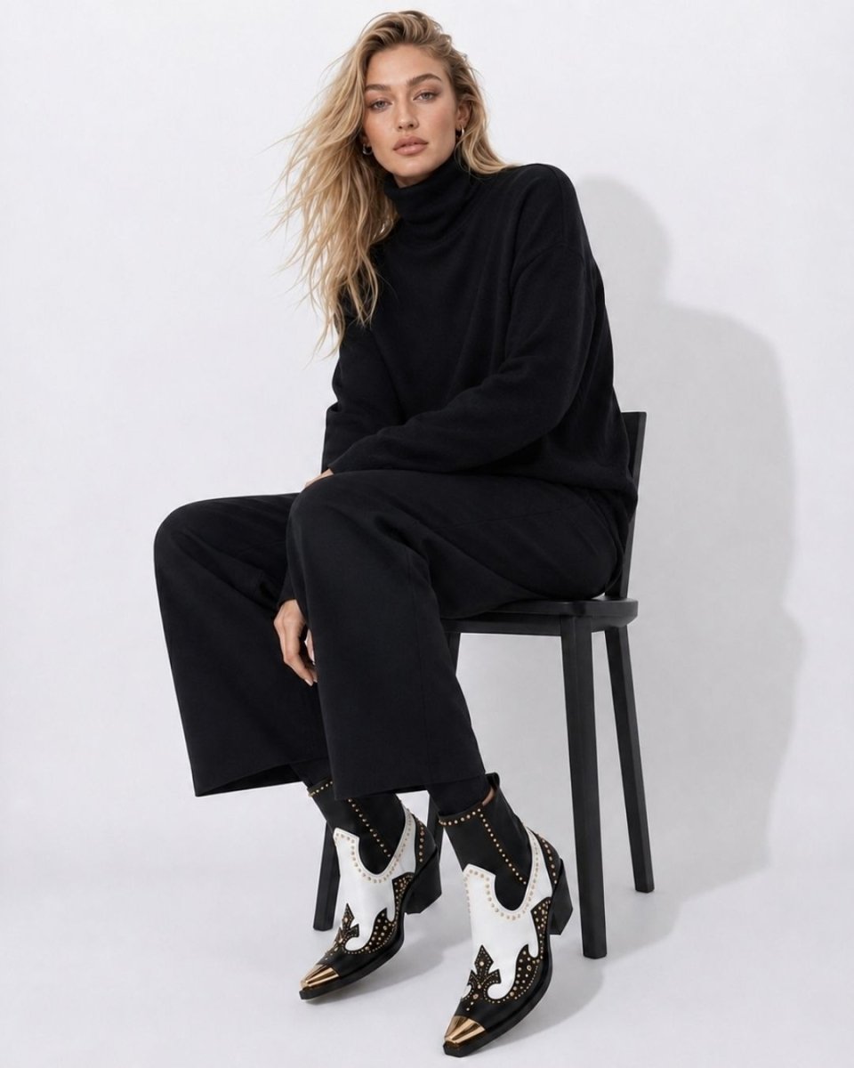 Black Leather Western Ankle Boots - Metal Pointed Toe | Cowboy Booties with Block Heel & Stitching Detail