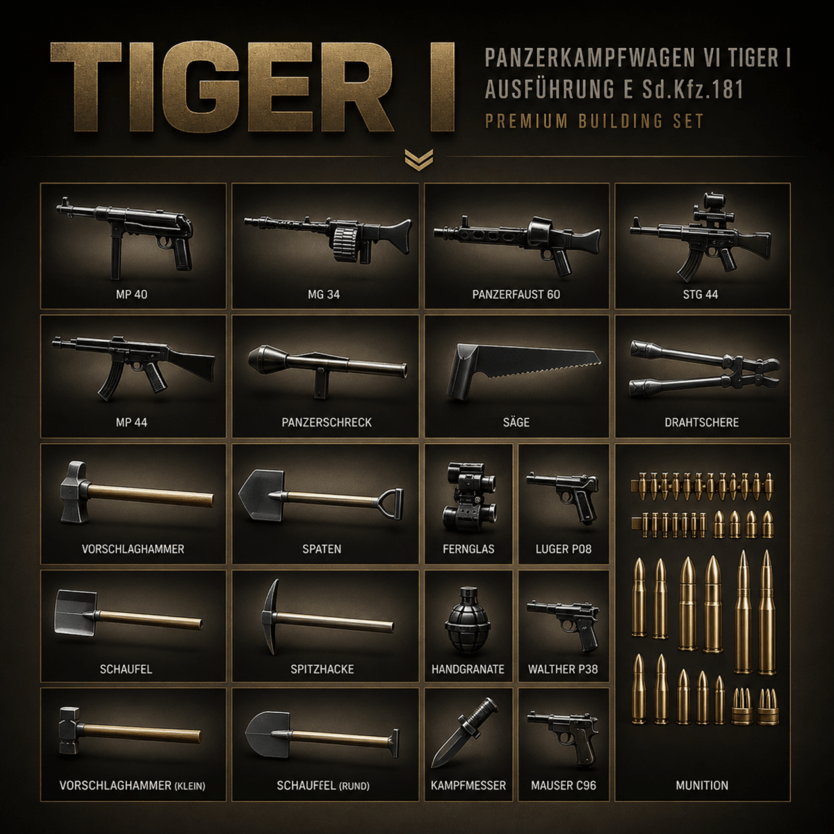 Tiger 1 Tank Building Set (Tan) | 1361 Pieces | WWII Military Brick Model