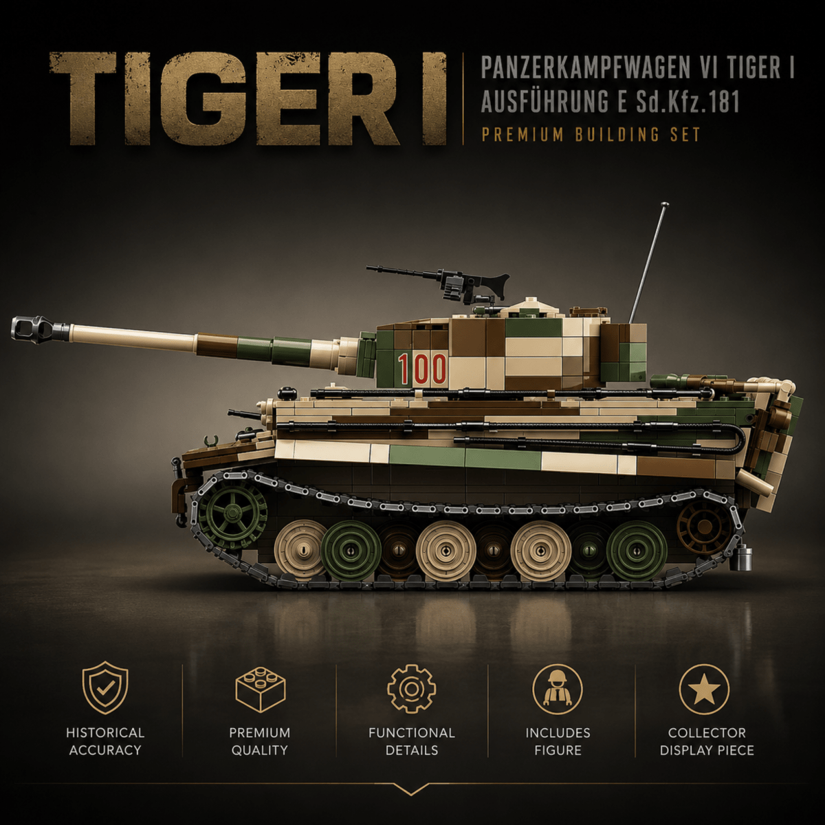 Tiger 1 Tank Building Set (Tan) | 1361 Pieces | WWII Military Brick Model