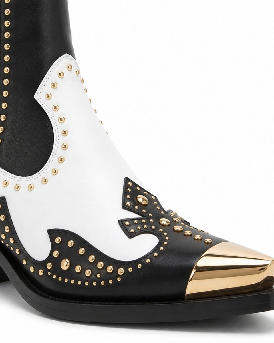 Black Leather Western Ankle Boots - Metal Pointed Toe | Cowboy Booties with Block Heel & Stitching Detail
