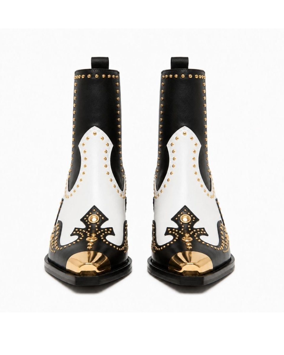 Black Leather Western Ankle Boots - Metal Pointed Toe | Cowboy Booties with Block Heel & Stitching Detail