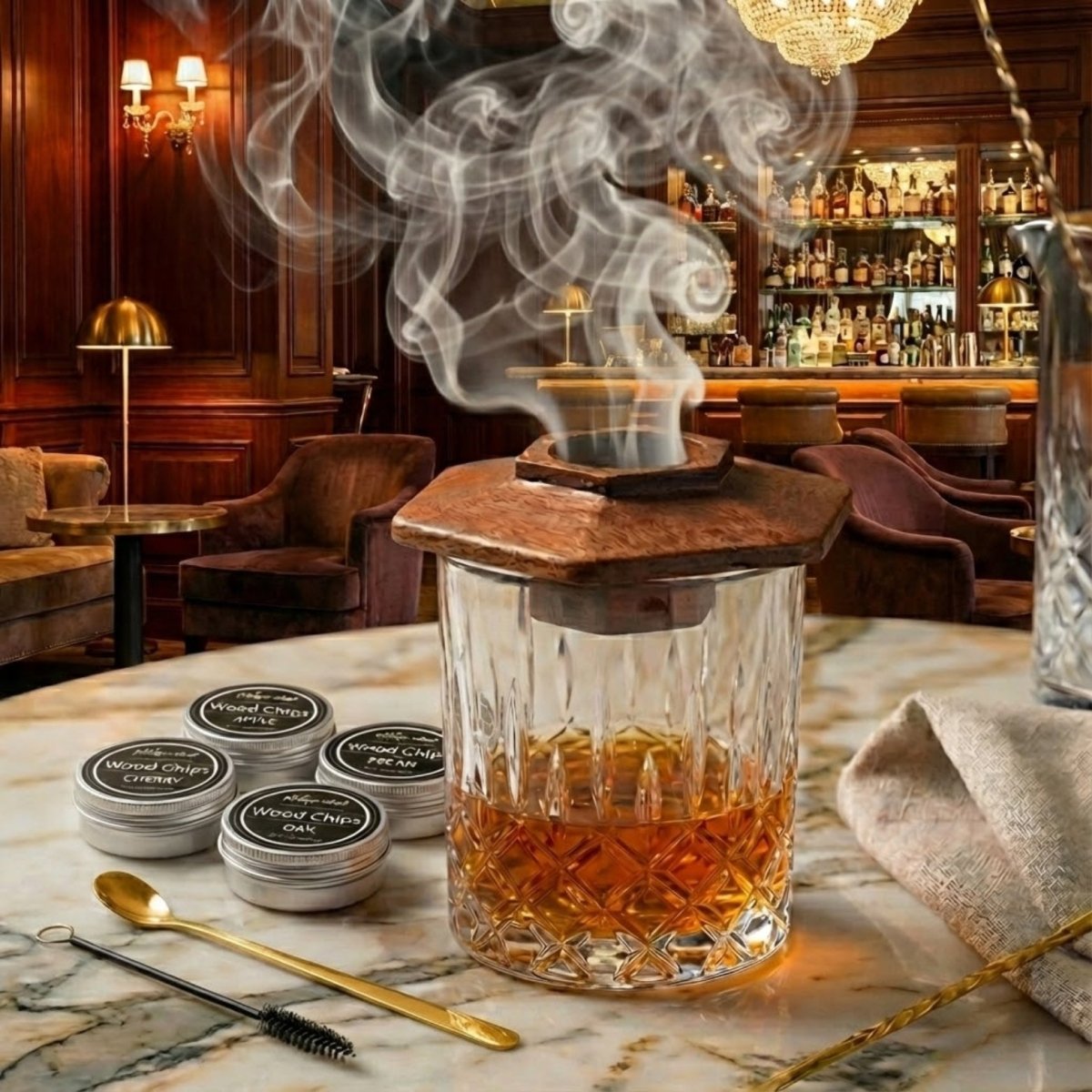 Premium Cocktail-Räucher-Set für Whiskey & Bourbon – Holz-Drink-Räucheraufsatz mit 4 Holzchip-Aromen – Old-Fashioned-Infusionsset