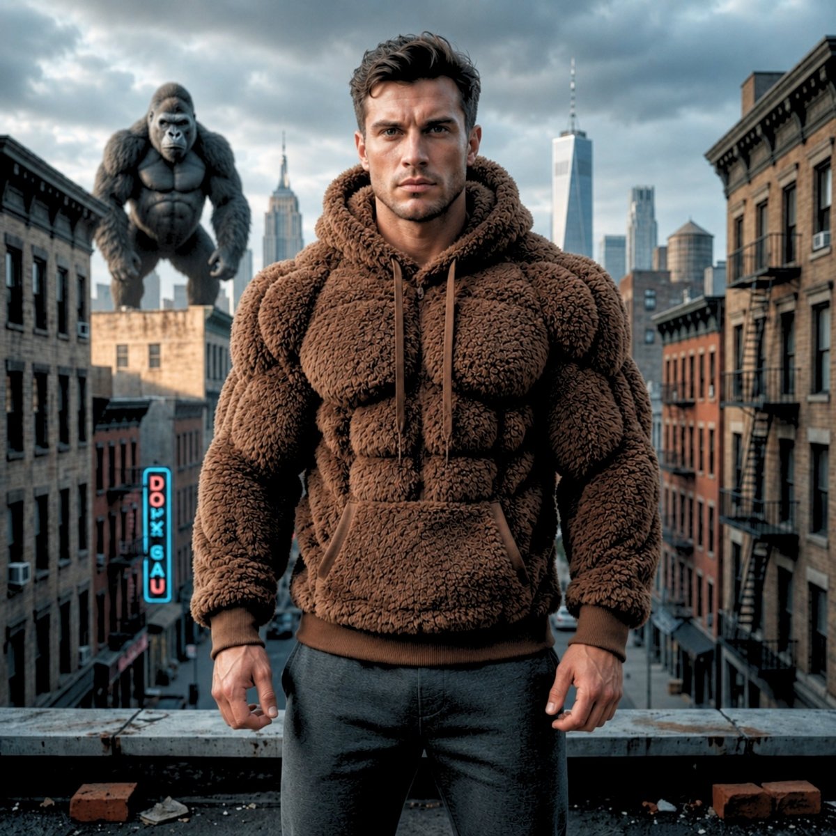 A man wearing the Kouvr black Titan Sherpa Muscle Hoodie with a padded six-pack design.