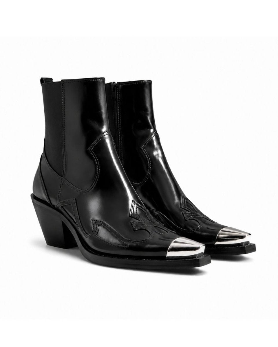 Black Leather Western Ankle Boots - Metal Pointed Toe | Cowboy Booties with Block Heel & Stitching Detail