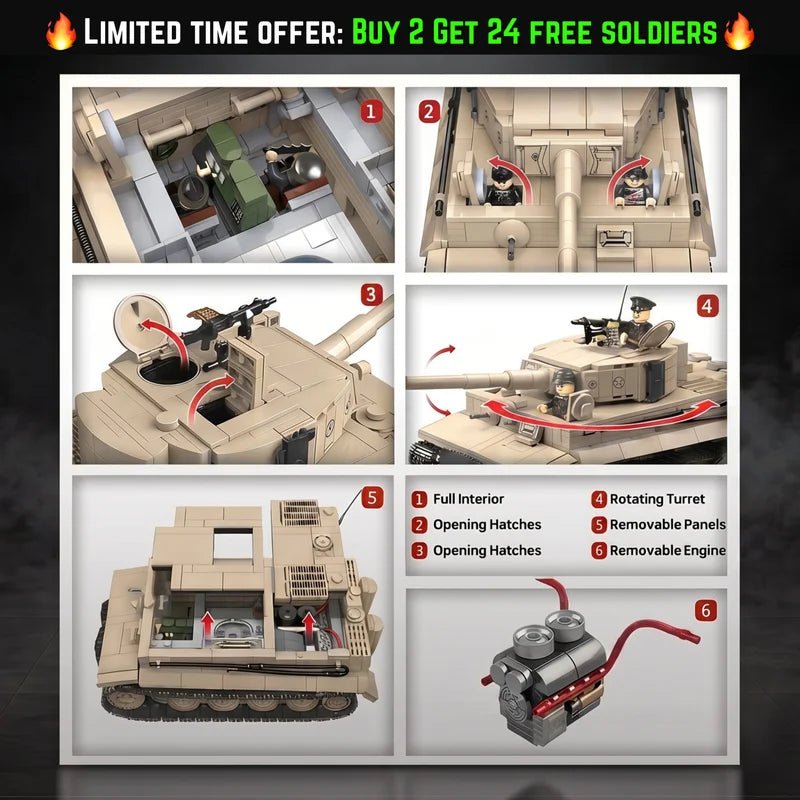 Tiger 1 Tank Building Set (Tan) | 1361 Pieces | WWII Military Brick Model