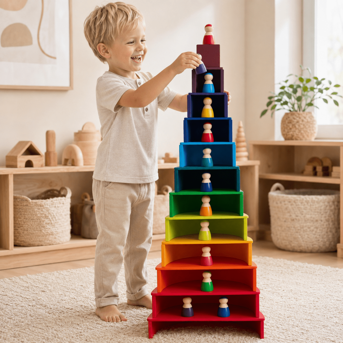 Large Wooden Rainbow Stacker Set – Montessori Wooden Building & Stacking Toy for Toddlers and Kids