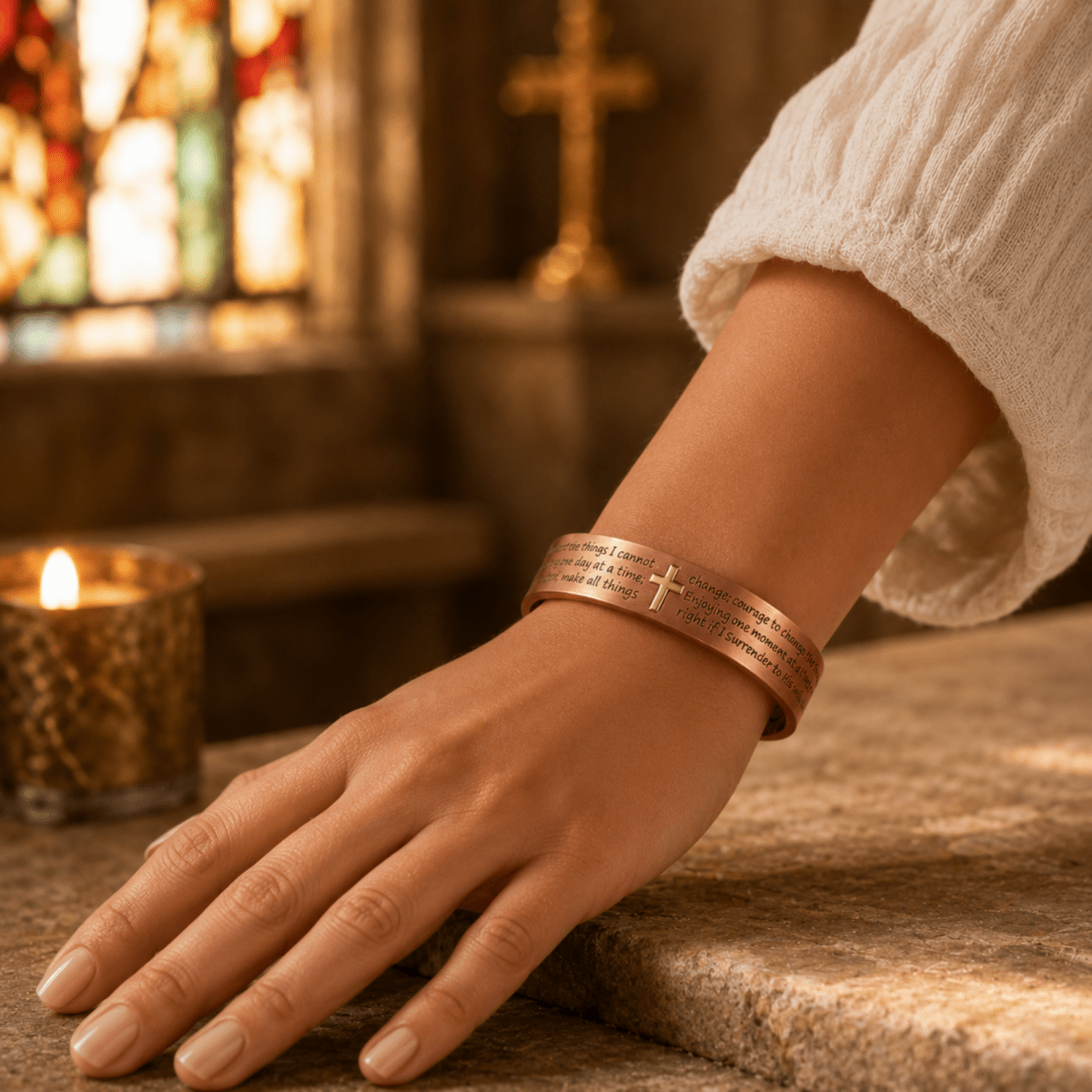 Copper Cross bracelet Serenity Prayer Copper Magnetic Therapy Bracelet Gold Cross Cuff | Arthritis Relief Inspirational Christian Religious Healing Jewelry Gift By Fenlo Form