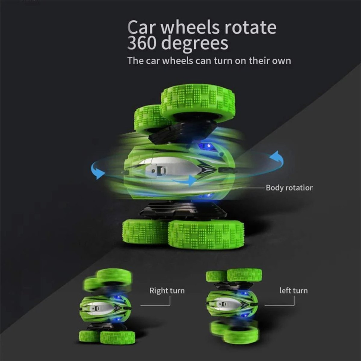 Diagram showing the Kouvr RC car performing a 360-degree body rotation spin on its central axis.
