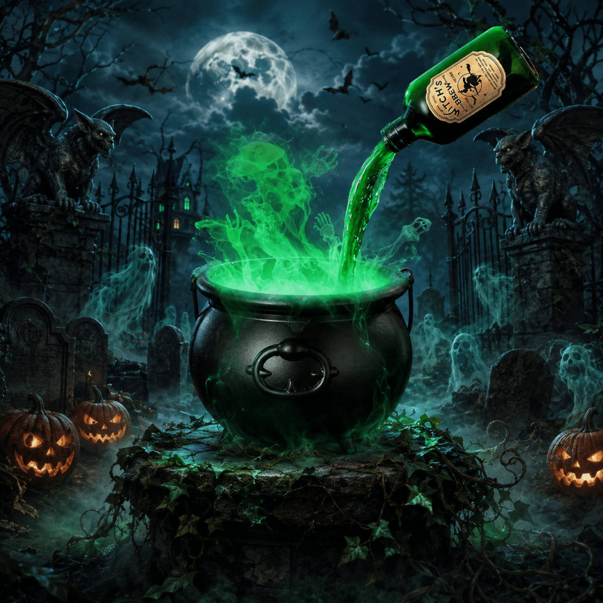 Spooky Floating Potion Cauldron with Mist Maker &amp; Green LED Fog Indoor Halloween Party Centerpiece Witch Decor Light Up Decoration