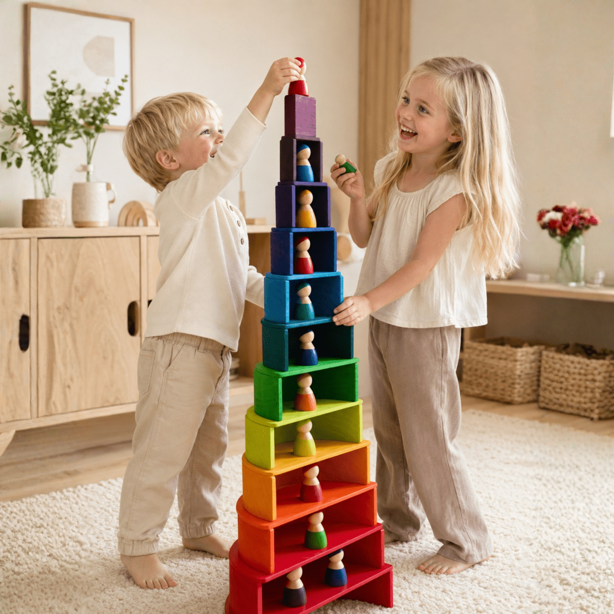 Large Wooden Rainbow Stacker Set – Montessori Wooden Building & Stacking Toy for Toddlers and Kids