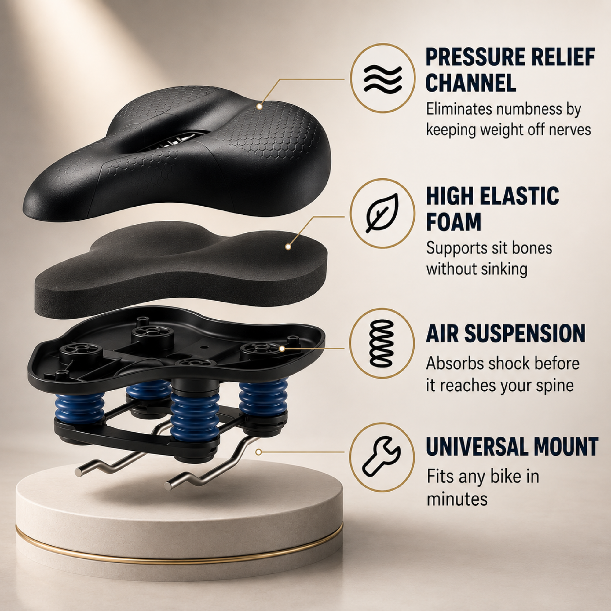 Ergonomic Bike Saddle with Pressure Relief Cutout, Road & Commuter Bicycle Seat, High-Elastic Foam, Universal Fit, 10.6 x 5.5 in, Black – Fenlo Form Sport+