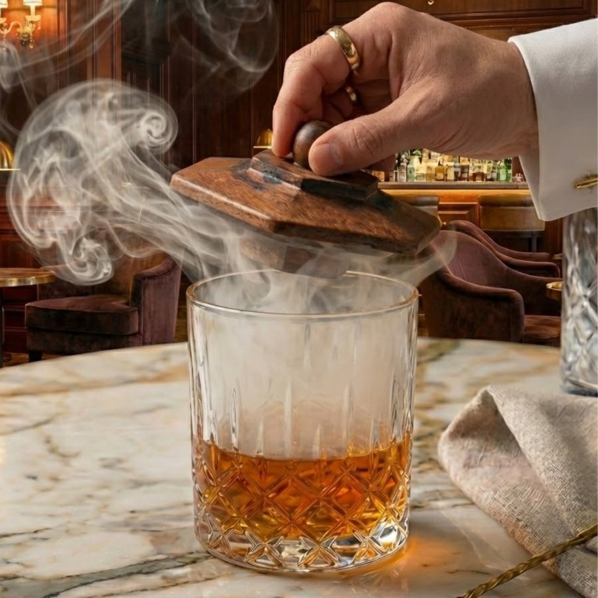 Premium Cocktail-Räucher-Set für Whiskey & Bourbon – Holz-Drink-Räucheraufsatz mit 4 Holzchip-Aromen – Old-Fashioned-Infusionsset