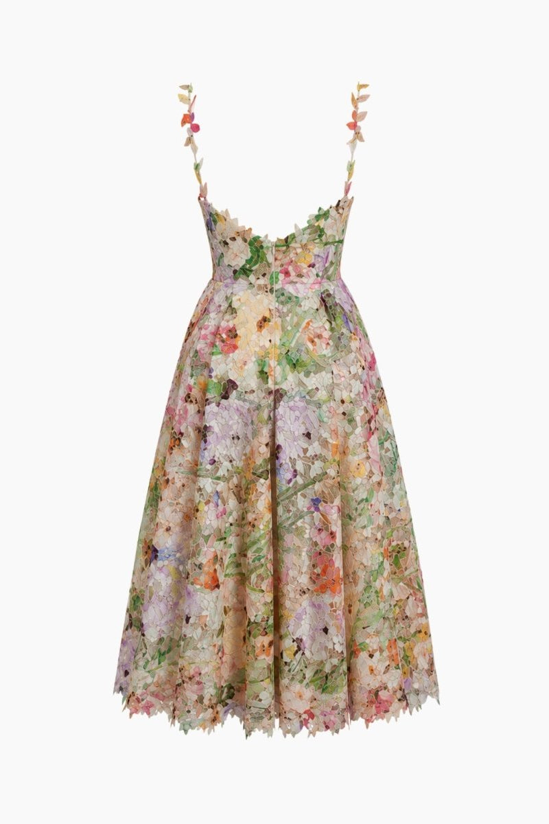 Flat lay back view of Fenlo Form detailed floral applique midi dress showing the hidden back zipper closure.