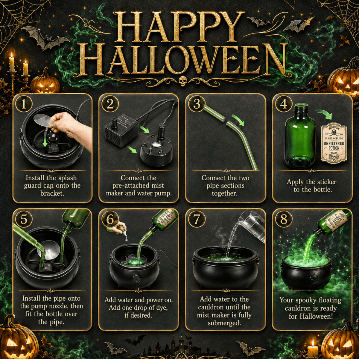 Spooky Floating Potion Cauldron with Mist Maker &amp; Green LED Fog Indoor Halloween Party Centerpiece Witch Decor Light Up Decoration
