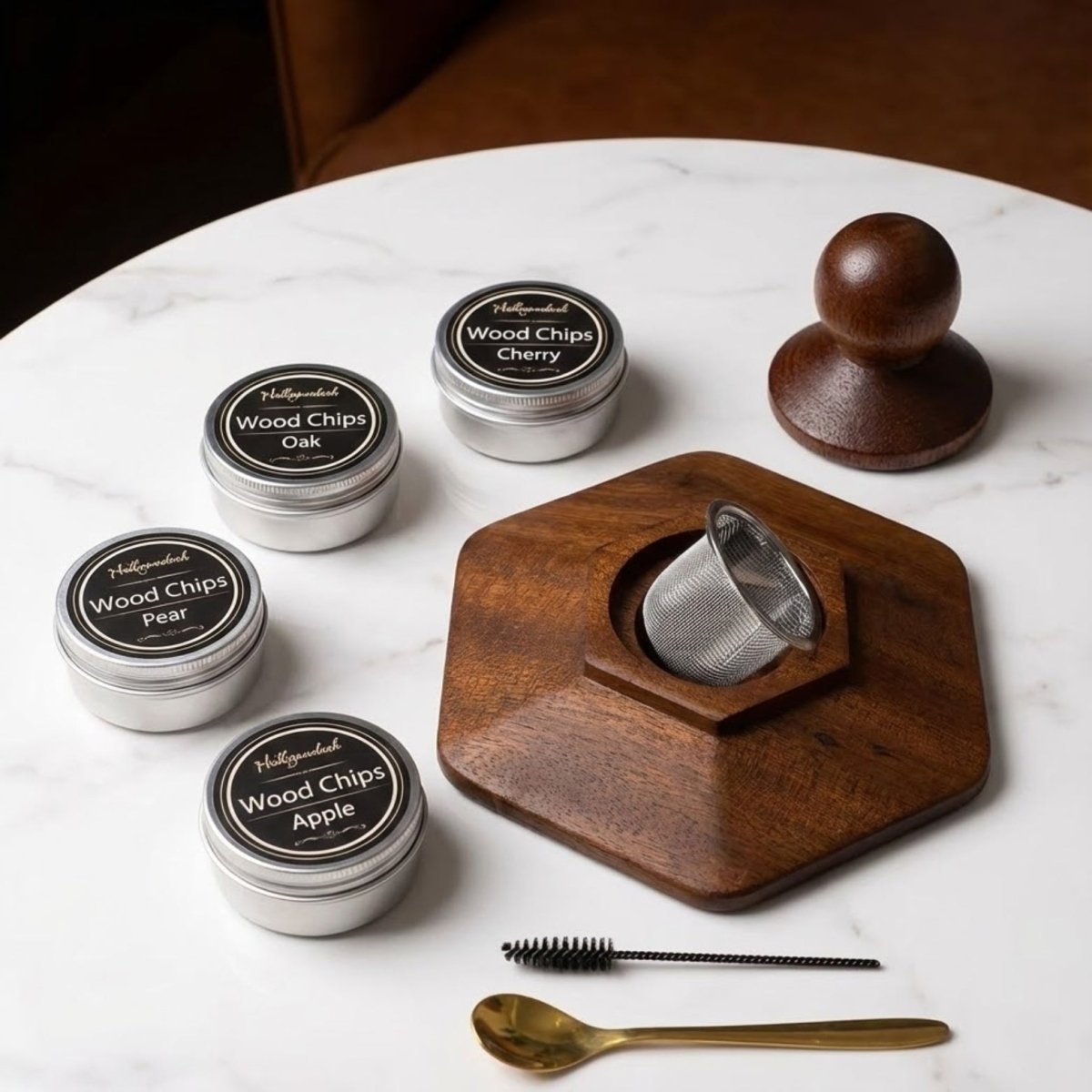 Premium Cocktail-Räucher-Set für Whiskey & Bourbon – Holz-Drink-Räucheraufsatz mit 4 Holzchip-Aromen – Old-Fashioned-Infusionsset