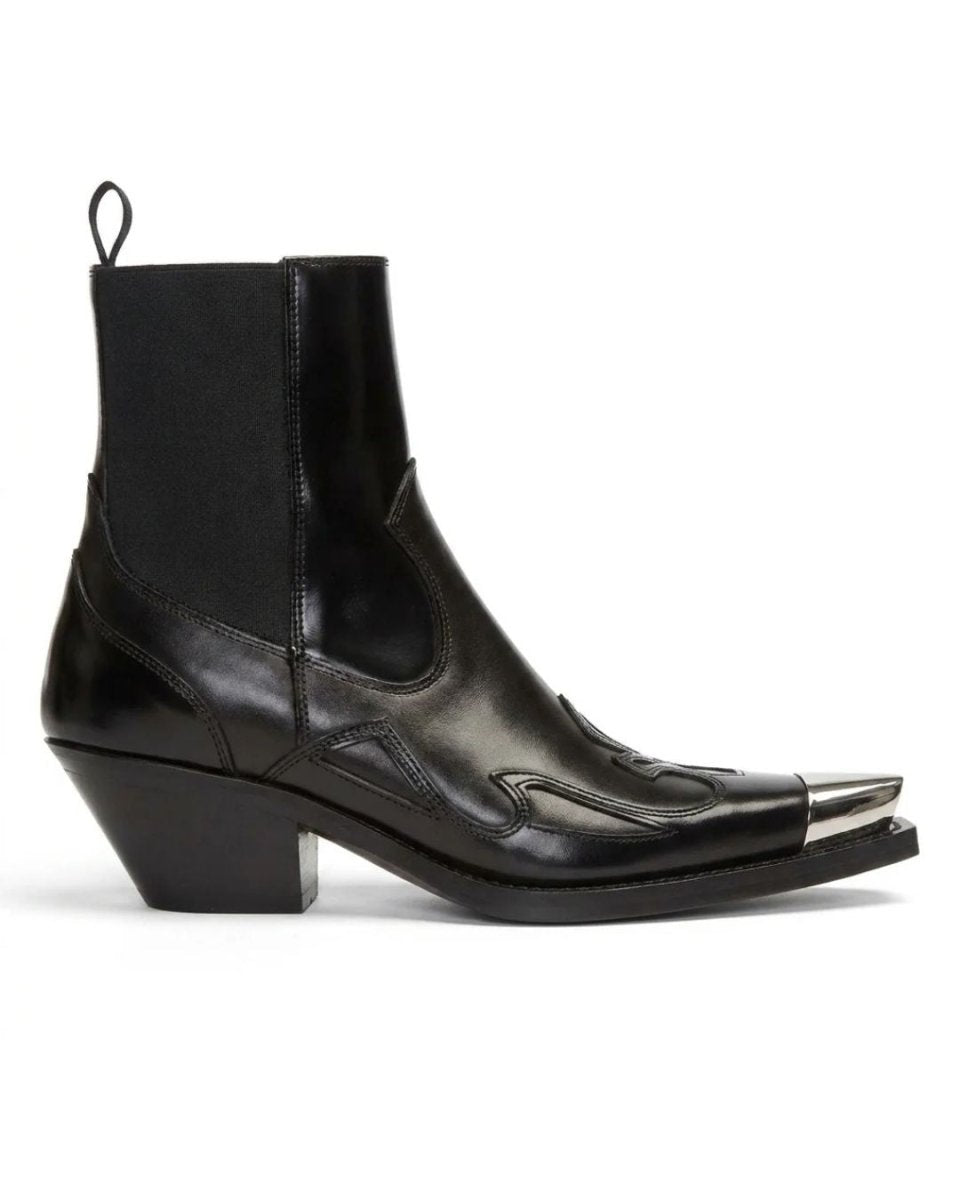 Black Leather Western Ankle Boots - Metal Pointed Toe | Cowboy Booties with Block Heel & Stitching Detail