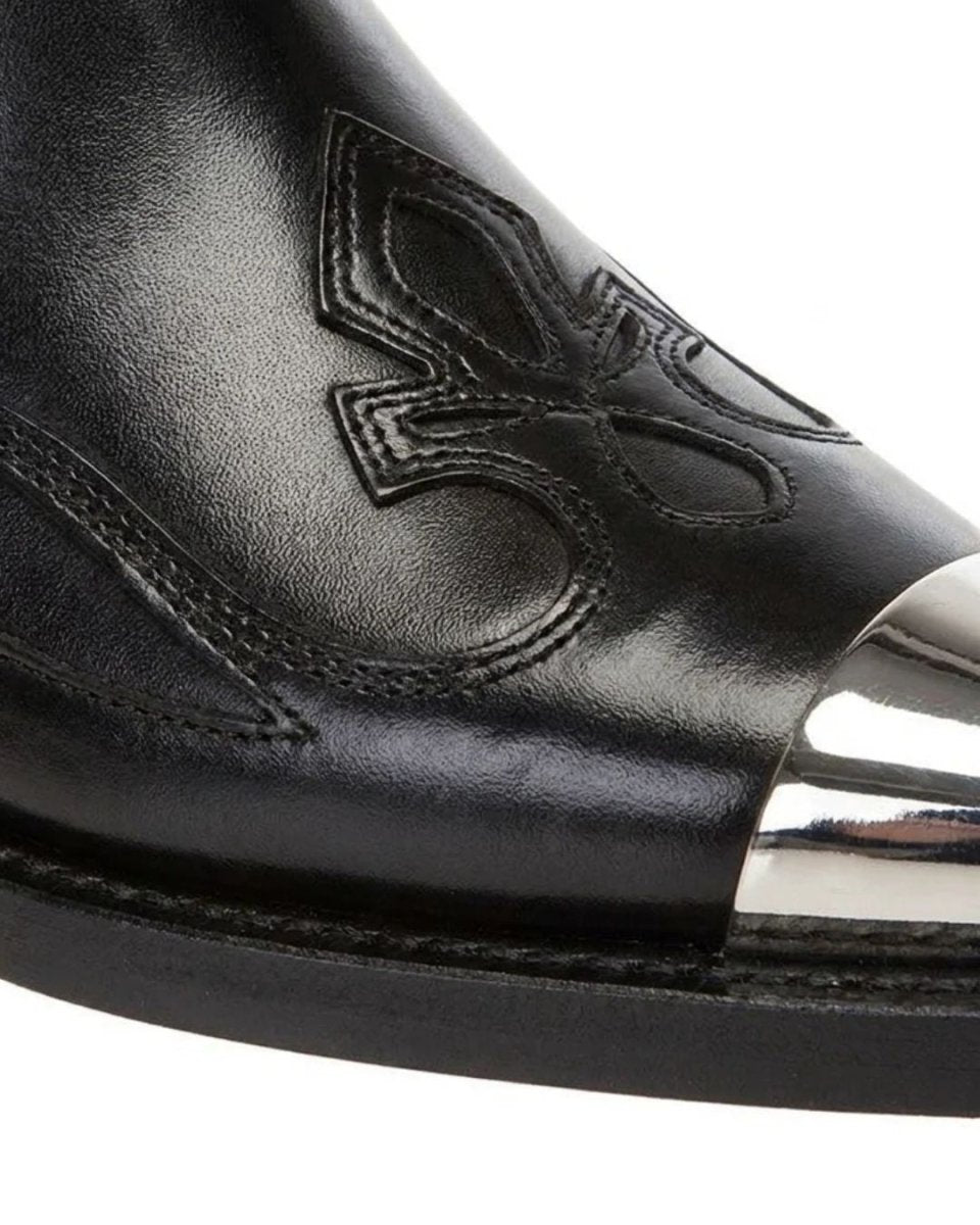 Black Leather Western Ankle Boots - Metal Pointed Toe | Cowboy Booties with Block Heel & Stitching Detail