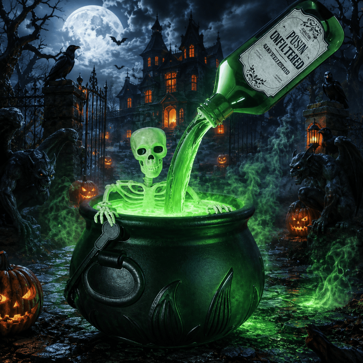 Spooky Floating Potion Cauldron with Mist Maker &amp; Green LED Fog Indoor Halloween Party Centerpiece Witch Decor Light Up Decoration