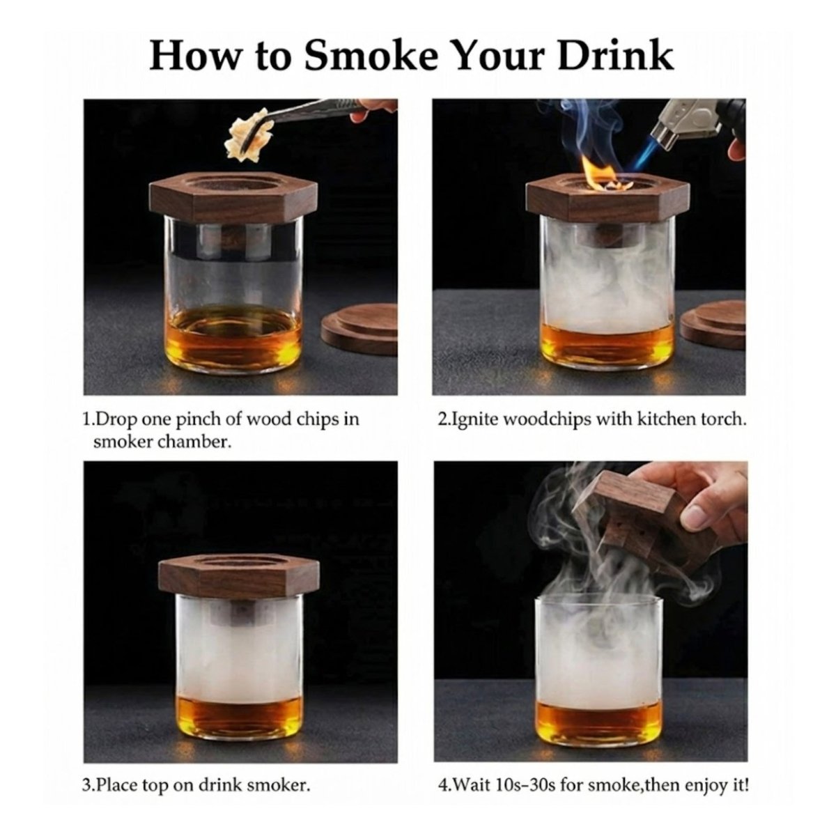 Premium Cocktail-Räucher-Set für Whiskey & Bourbon – Holz-Drink-Räucheraufsatz mit 4 Holzchip-Aromen – Old-Fashioned-Infusionsset