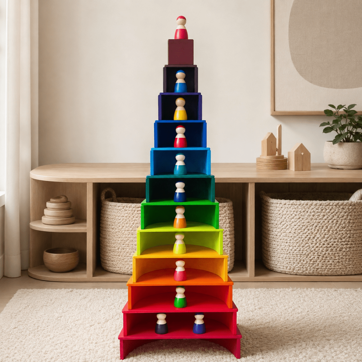 Large Wooden Rainbow Stacker Set – Montessori Wooden Building & Stacking Toy for Toddlers and Kids