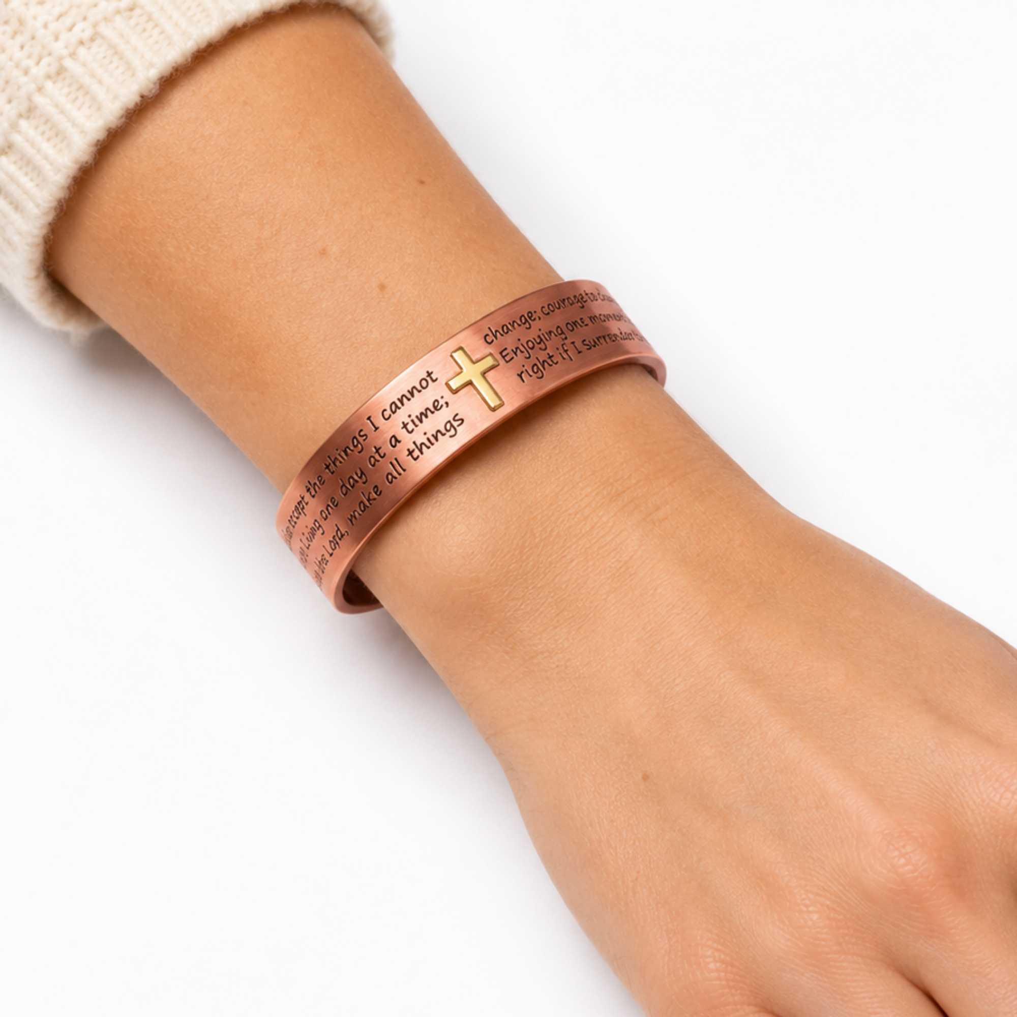 Copper Cross bracelet Serenity Prayer Copper Magnetic Therapy Bracelet Gold Cross Cuff | Arthritis Relief Inspirational Christian Religious Healing Jewelry Gift By Fenlo Form