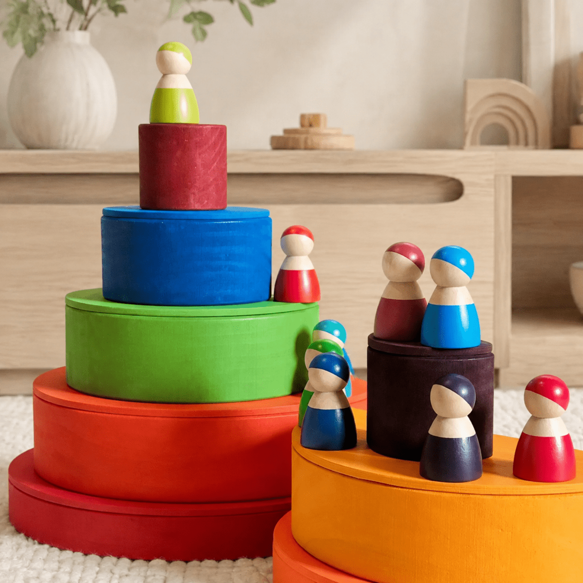Large Wooden Rainbow Stacker Set – Montessori Wooden Building & Stacking Toy for Toddlers and Kids