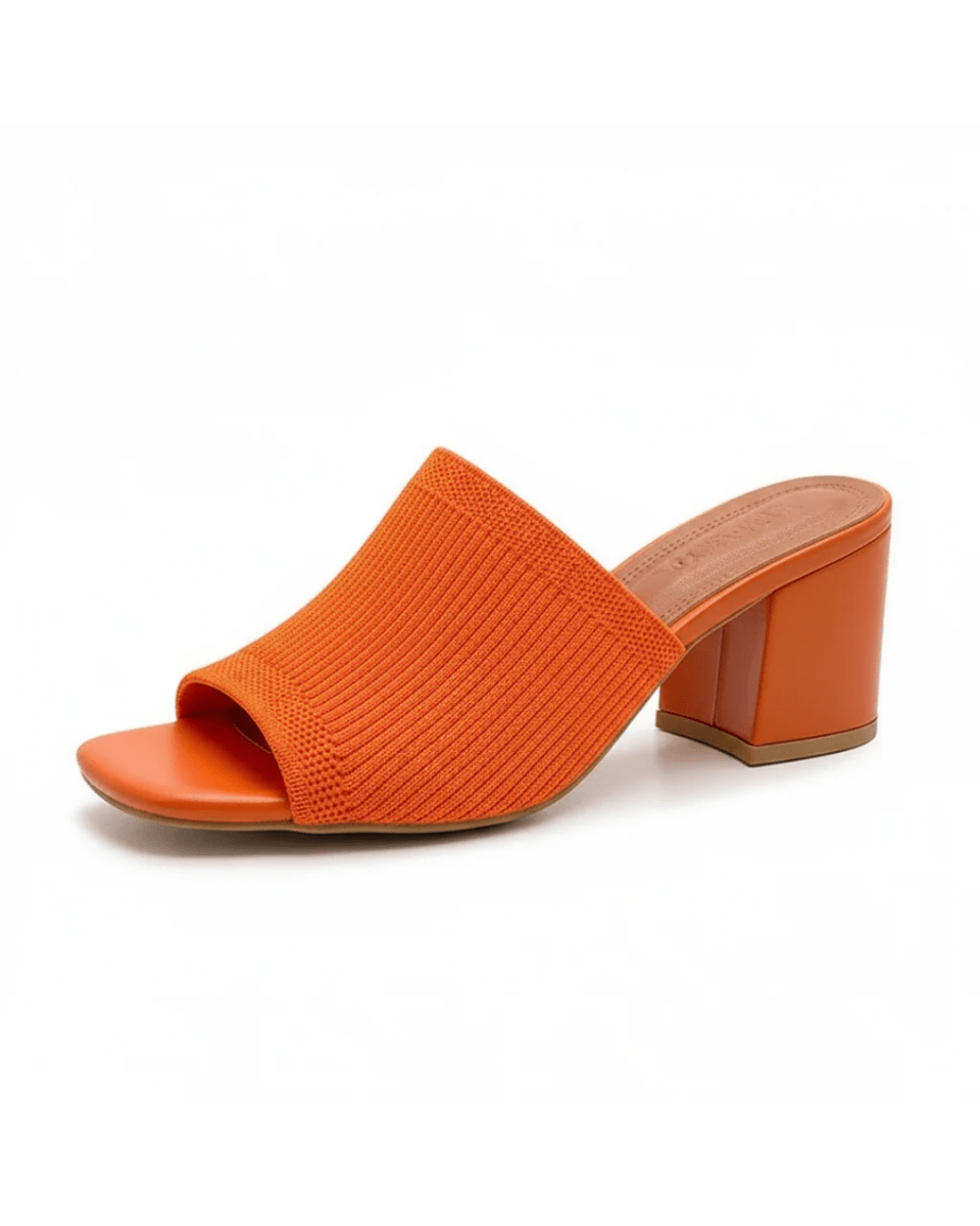 Women's Ribbed Knit Block Heel Mules Square Toe Slide Sandals Comfortable Mid Heel Slip-On Backless Dress Shoes Fenlo Form