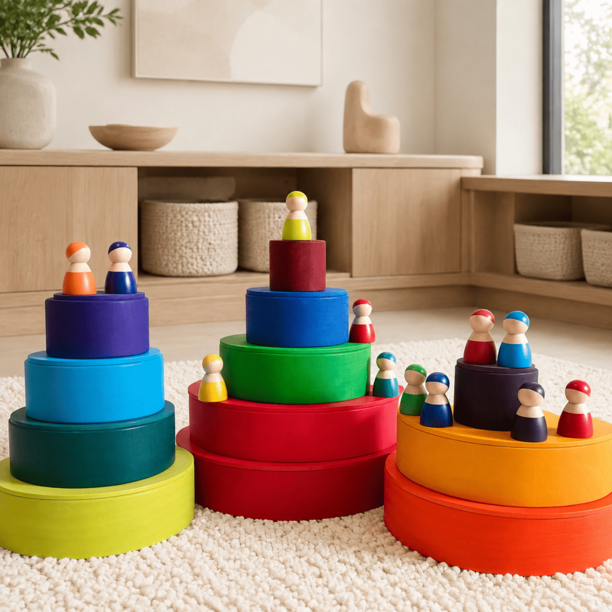 Large Wooden Rainbow Stacker Set – Montessori Wooden Building & Stacking Toy for Toddlers and Kids
