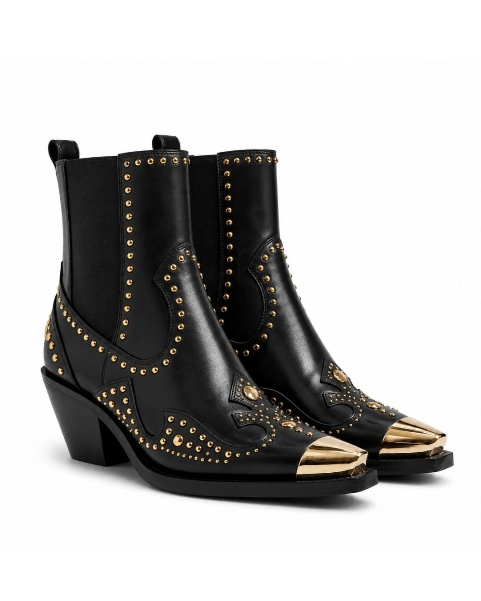 Black Leather Western Ankle Boots - Metal Pointed Toe | Cowboy Booties with Block Heel & Stitching Detail