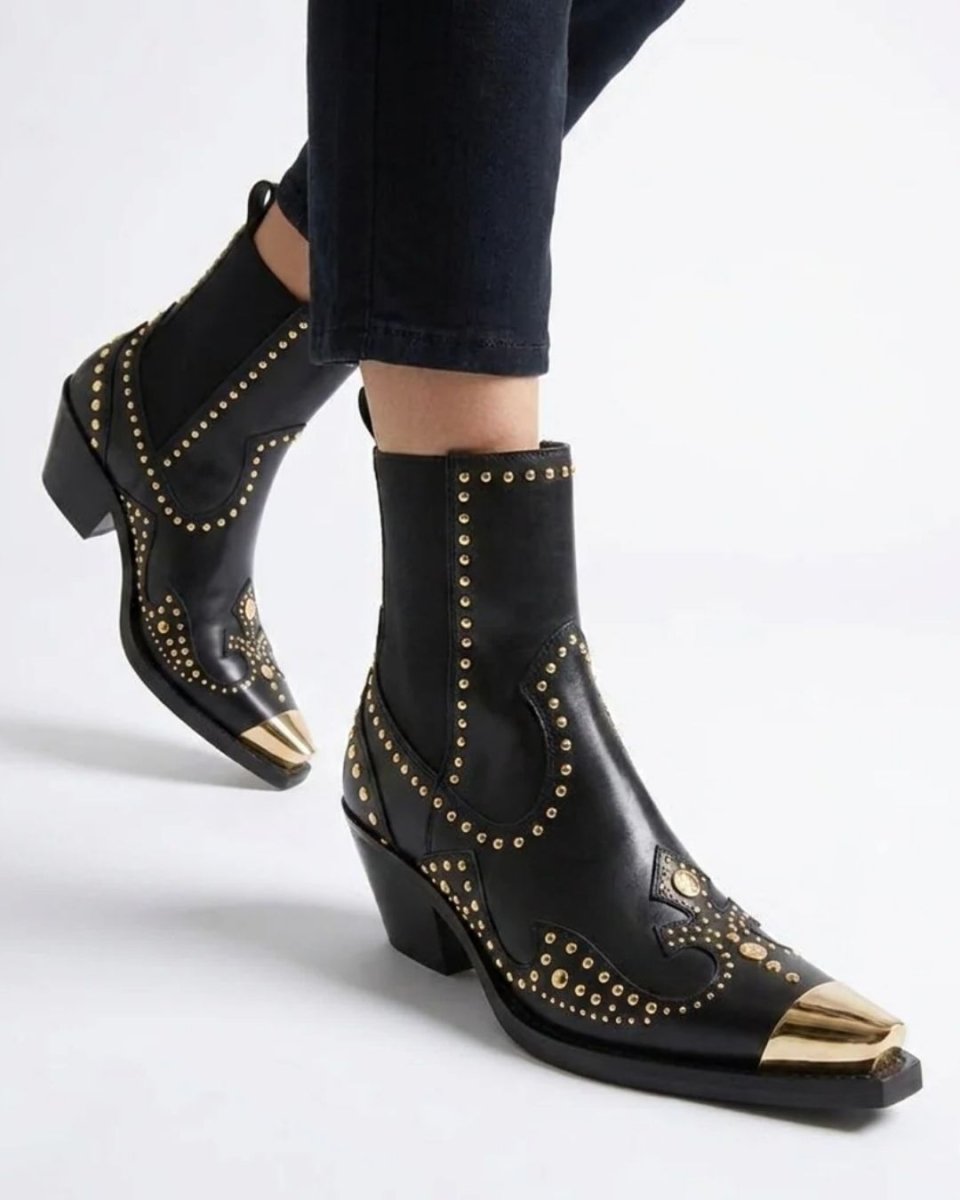 Black Leather Western Ankle Boots - Metal Pointed Toe | Cowboy Booties with Block Heel & Stitching Detail