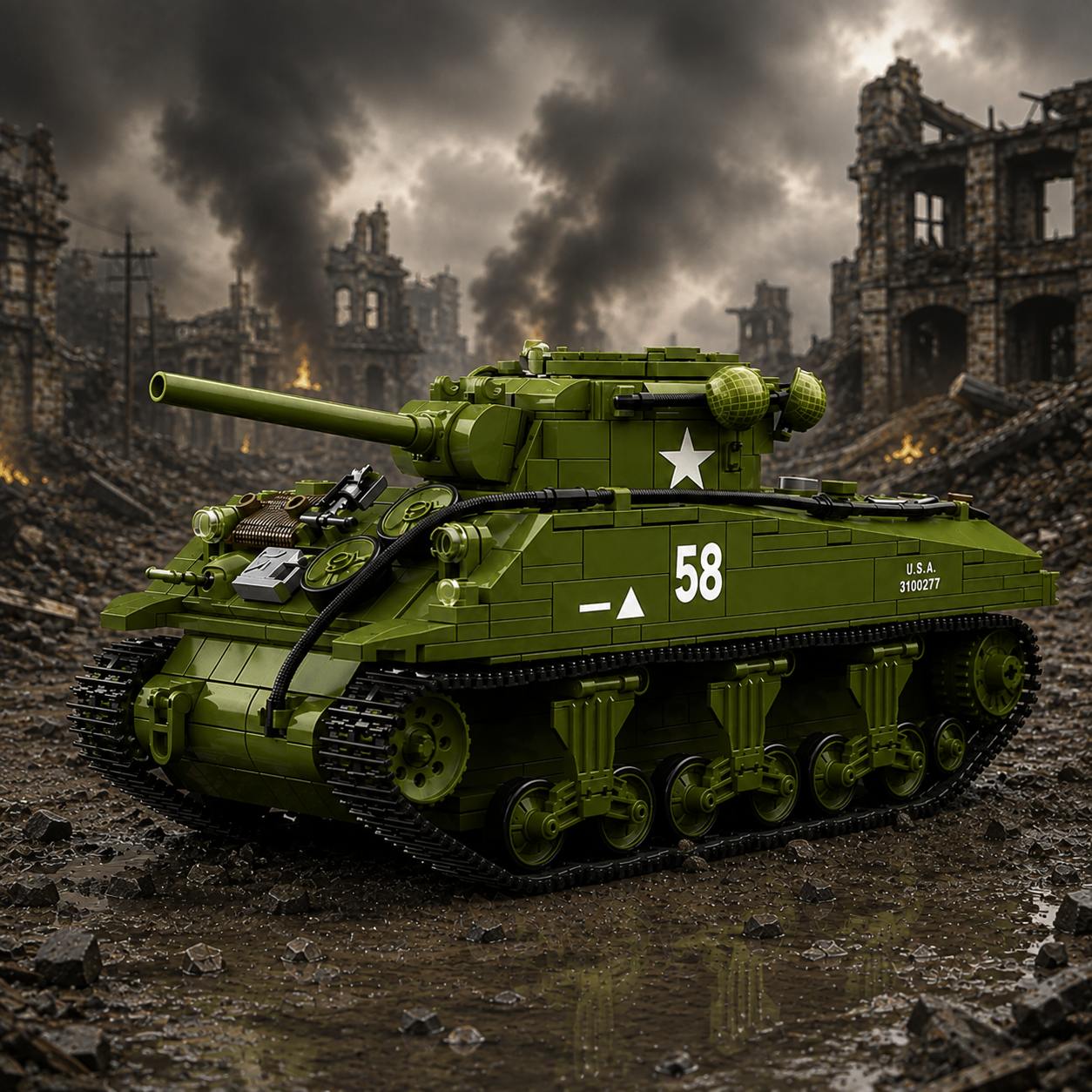 WW2 M4A3 Sherman Tank Building Set - 105mm Military Model Kit with Full Interior & Minifigures | Fenlo Form Premium Army Brick Toy