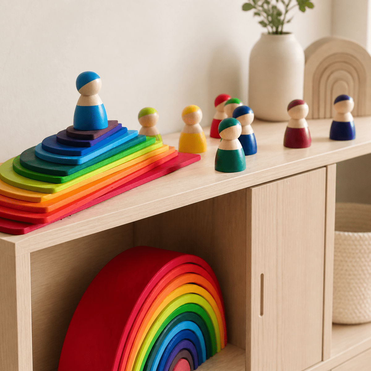 Large Wooden Rainbow Stacker Set – Montessori Wooden Building & Stacking Toy for Toddlers and Kids