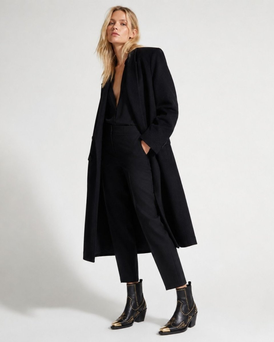 Black Leather Western Ankle Boots - Metal Pointed Toe | Cowboy Booties with Block Heel & Stitching Detail