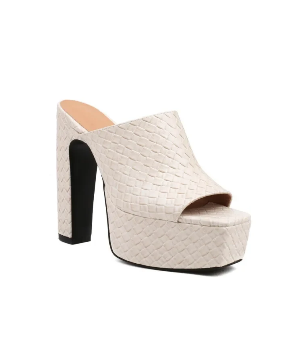 A single platform mule sandal with a high block heel, featuring a woven leather upper in a light cream color with a black outsole and heel accent.