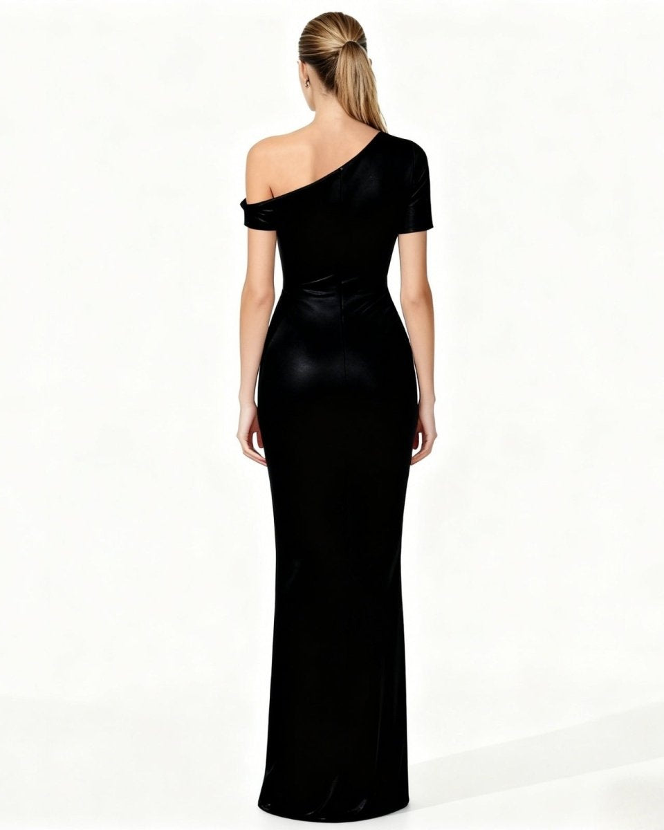 Black one-shoulder evening gown on a white background