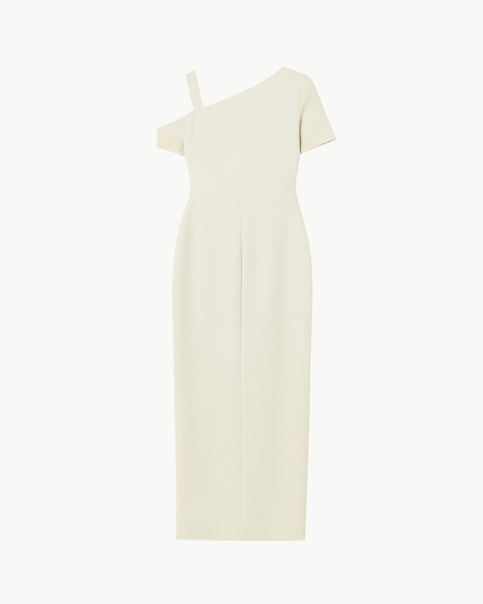 White one-shoulder dress on a light beige background