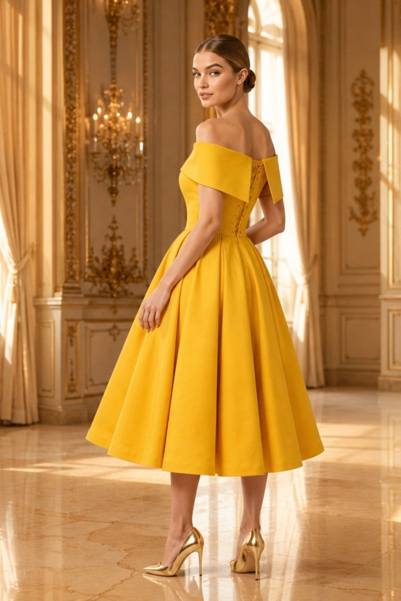 A woman models a bright yellow off-the-shoulder midi dress with a structured bodice and full skirt, standing in an elegant, sunlit classical room with gold-toned walls and chandeliers.