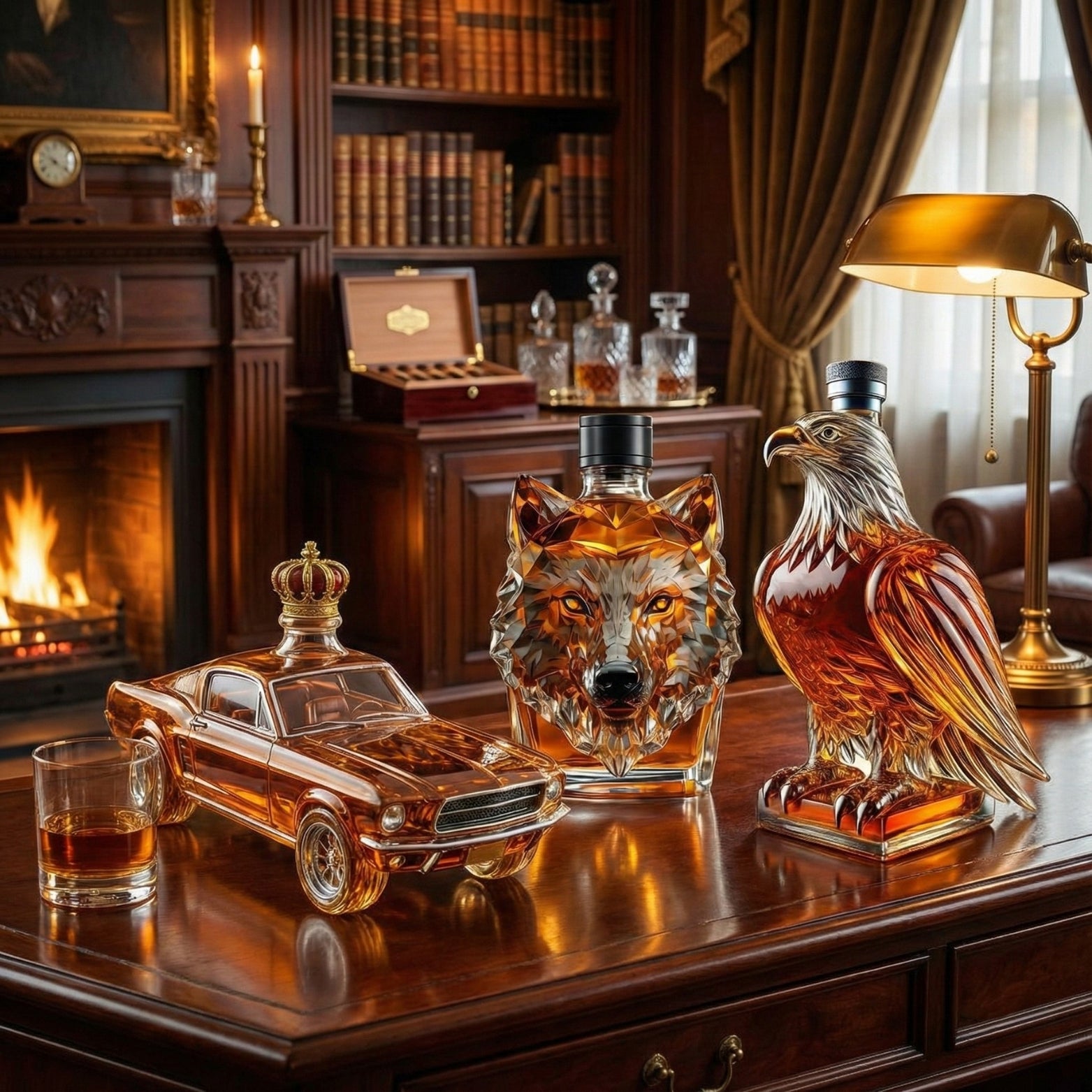 The Kouvr luxury whiskey decanter bottle collection featuring vintage car, wolf, and eagle designs displayed on a wooden desk.