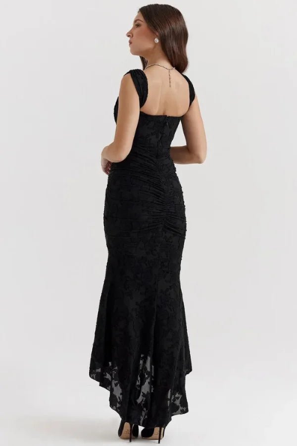 bustier, jacquard, sculpted bodice, asymmetrical hem, ruched, wedding guest, black-tie, prom, gala
