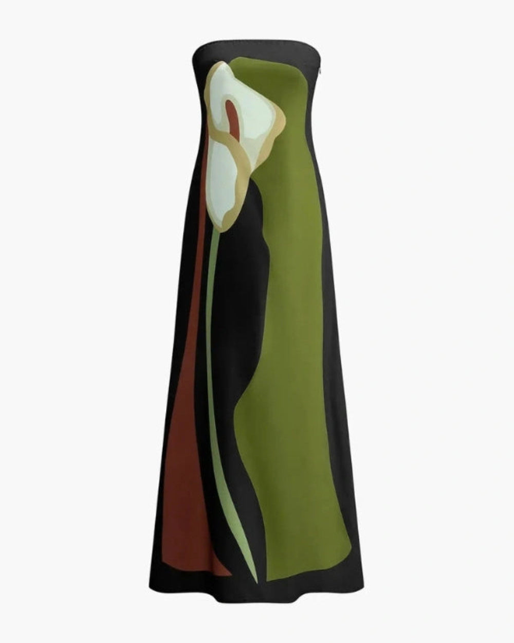 Model wearing the Elizabeth abstract floral strapless evening dress