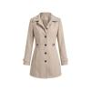 Flat lay studio shot of the front of a beige women's single-breasted wool-blend coat with a belt.