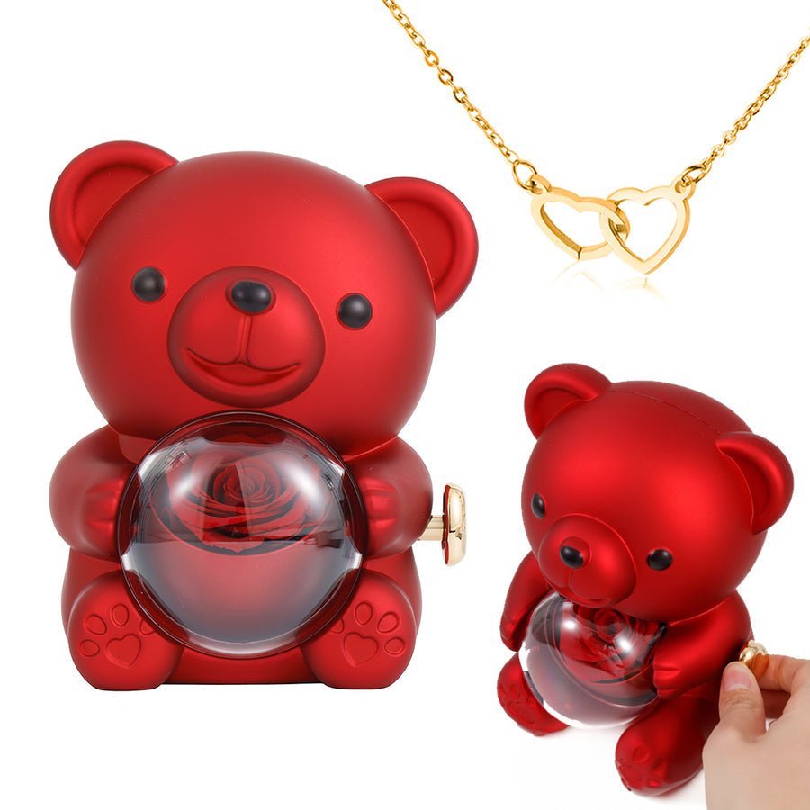 Preserved Rose Bear Gift Box for Her with Hidden Necklace - Eternal Real Rose for Anniversary, Valentines Day, Birthday - Red &amp; Gold Interlocking Hearts | Kouvr