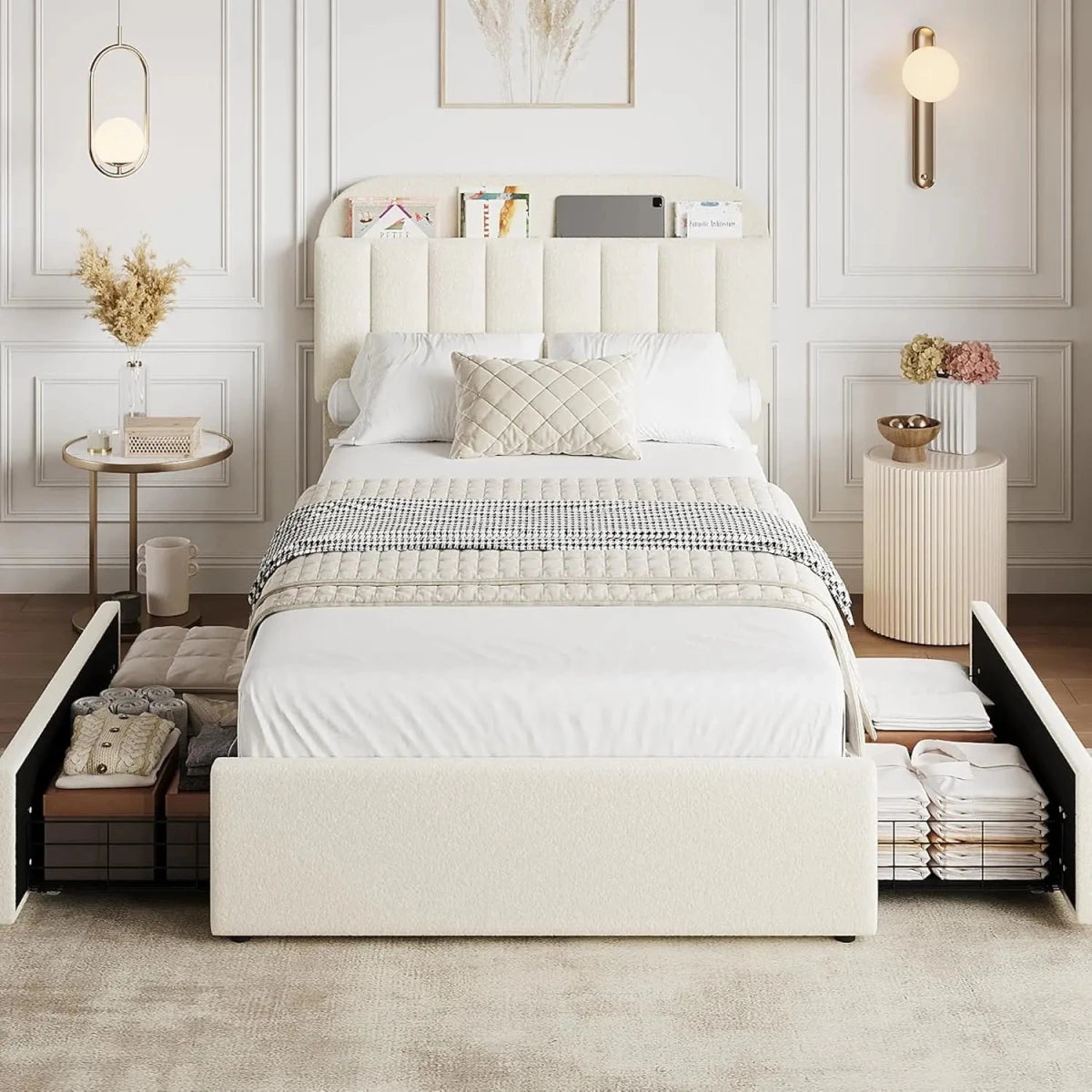 Twin Bed Frame with Storage Headboard Kids Bed Frame with 2 Drawers, Boucle Upholstered Platform Bed with Bookcase Easy Assembly