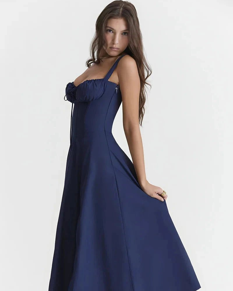Woman wearing a blue dress on a white background