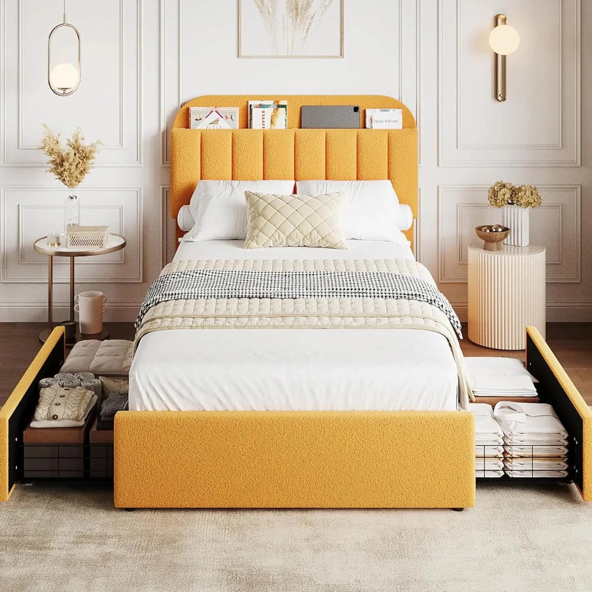 Twin Bed Frame with Storage Headboard Kids Bed Frame with 2 Drawers, Boucle Upholstered Platform Bed with Bookcase Easy Assembly