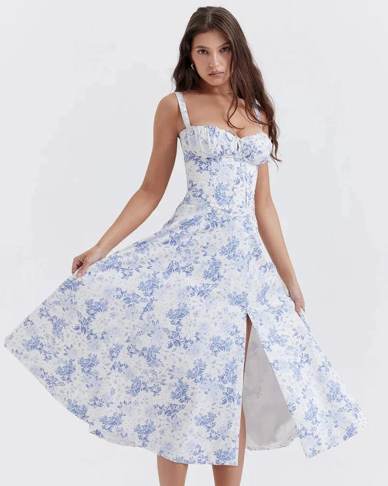 Woman wearing a white floral dress on a white background