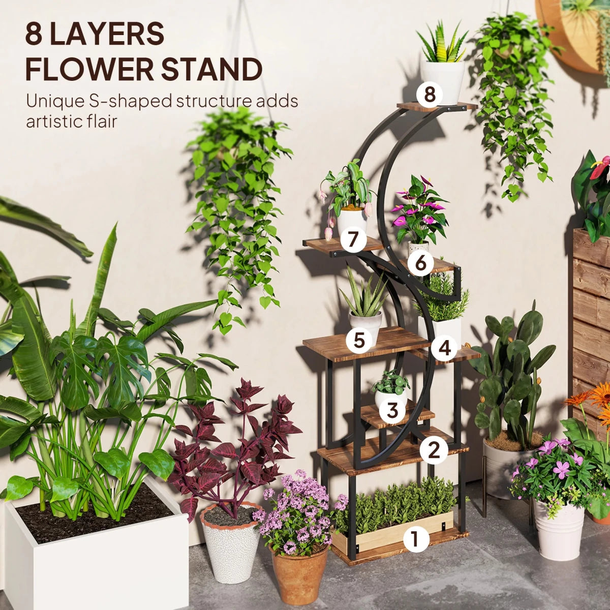 8 Tier Plant Stand, 62" S-Shaped Plant Shelf, Carbonized Finish